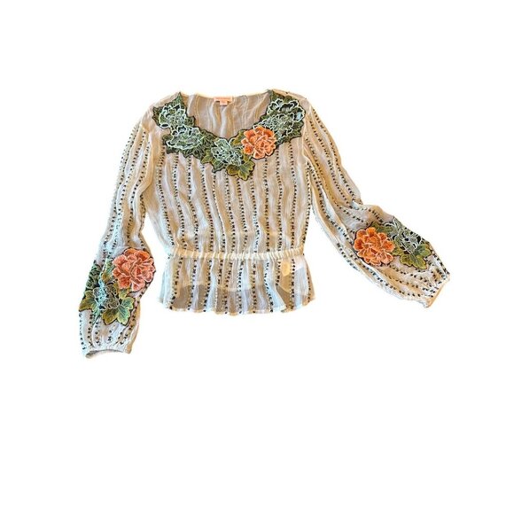 Not So Serious Embroidered Sheer Blouse Floral Detailing & Long Sleeves Boho - Picture 1 of 6